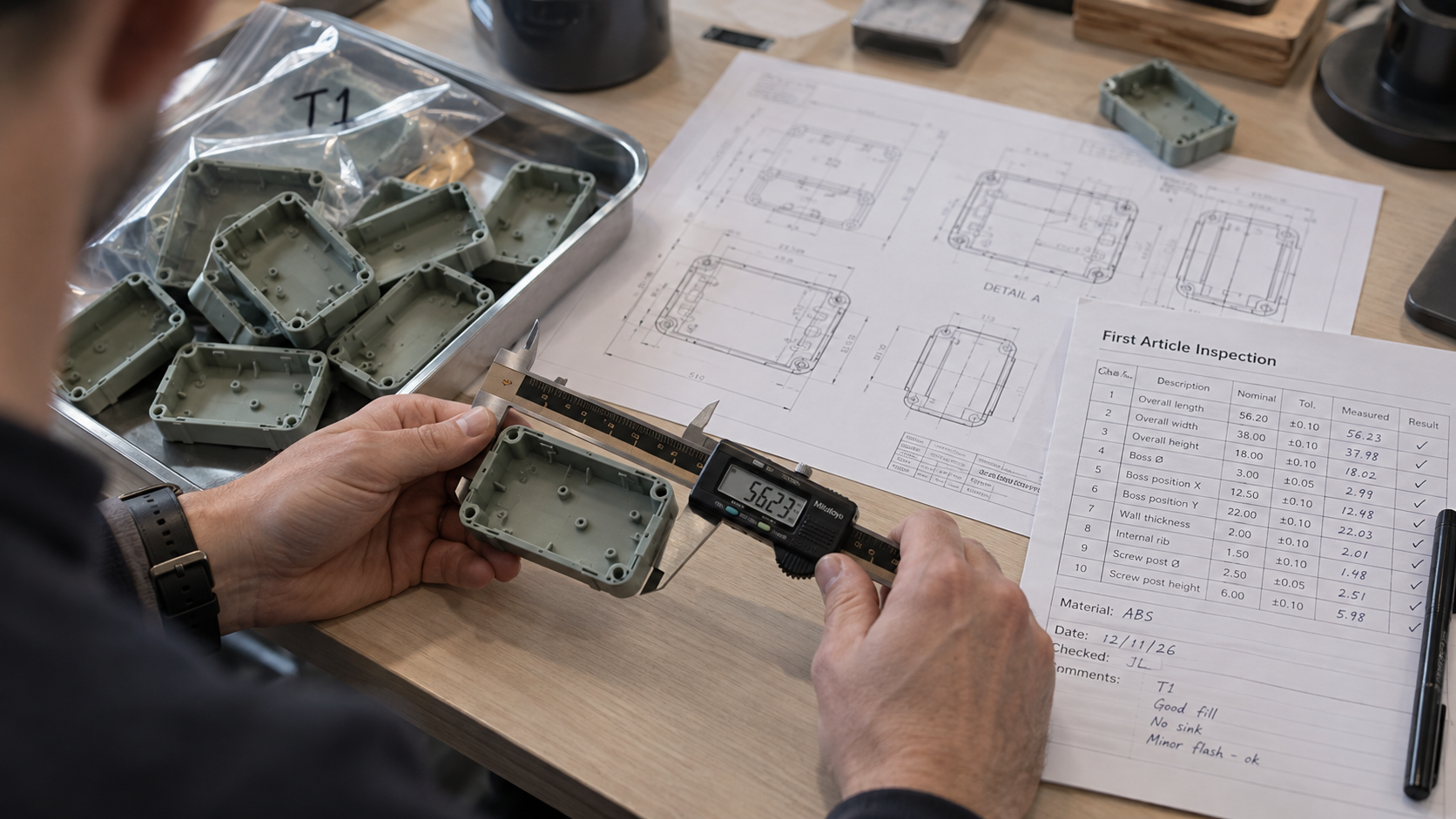 Checking measurements against a drawing at the desk